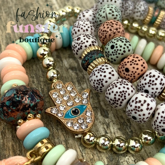Hamsa Hand of Fatima Evil Eye Pastel Candy Colored Stackable Amulet Bracelet Set - Picture 8 of 9